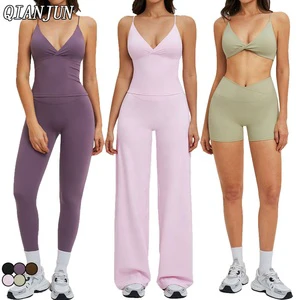 New Arrival Women Breathable Yoga Workout 5 Piece Set V-Neck Sleeveless Top High Elastic Fitness Pants for Strength Training