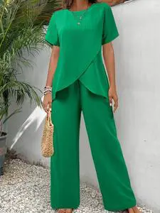 Spring Summer Women's Casual Loose Fit O-Neck Solid Irregular 2-Piece Full Length Three-point Sleeve Polyester Spandex Fashion