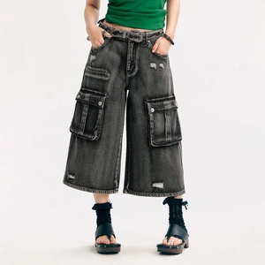LARSUR Custom Factory Cargo Cropped Jorts Baggy Distress Wash Ripped Raw Edge High Waist Cargo Denim Shorts Pants for Women