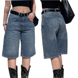 Casual Relaxed Fit Woven Denim Shorts Women's Low Rise Straight Leg Mid Length Ruched Simple Style Summer Solid Chemical