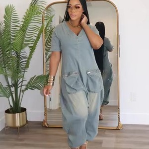 Cross Border Women's Loose Crotch Jumpsuit with Retro Personality and Fashionable Large Pocket Denim Suit