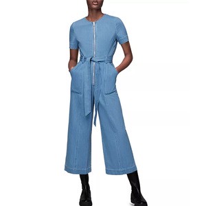 2022 Spring Summer Women Elegant Short Sleeve Front Zipper Utility Pockets Tie Belt Wide-leg Crew Neck Denim Jumpsuit