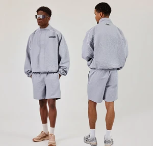Custom Contrast Piping Edging Oversized Nylon Rayon Funnel Neck Windbreaker and Jogger Shorts Sets Relaxed Fit Tracksuits