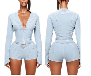 2026 New Women Denim Corset Two Piece Set Long Sleeve Zipper up High Waist Shorts Slim Fit Outfit
