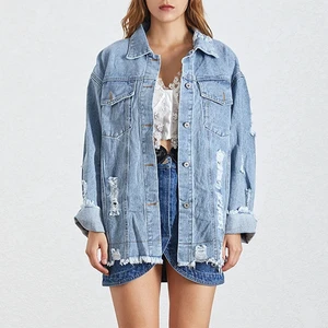 Oversized Distressed Denim Jacket Women Vintage Light Blue Ripped Jean Jackets Raw Hem Loose Streetwear Outwear Ladies Coat