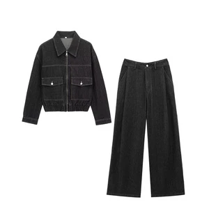 Jeans Set Ladies Simple Denim Set Women Two Piece Loose Jacket Trousers Set Casual