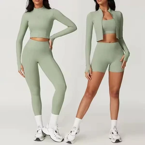 Yoga 4 Pcs Sets Quick Dry Tight Running Fitness Shock-Proof High Waist Sports Set for Women Outdoor Fitness Gym Wear