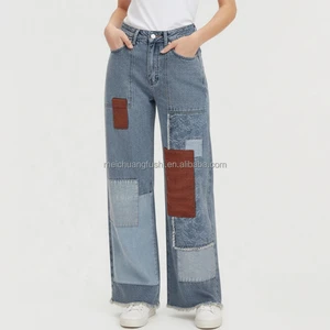 Custom Frayed Hem Wide Leg Patchwork Jeans For Women Faded Wash Denim Pants Ladies