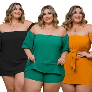 European American Women's Plus Size Comfortable Elastic Off-Shoulder Shorts Casual Sexy Two-Piece Set Solid Color Print Summer