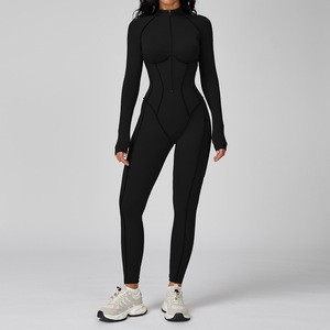 Women's Color Block Stand Collar Jumpsuit Half Zip One-Piece Workout Outfit High Impact Sports Yoga Wear 9326