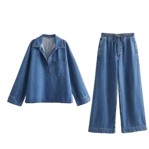 Hot Sale Sexy Ladies Denim Jeans Outfits Long Sleeve Jacket and Pant 2 Piece Set for Women