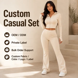 OEM Casual Set Womens Beige Ribbed Cropped Zip Up Hoodie With High Waisted Bell Bottom Flare Pants Contemporary Tracksuit