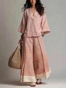 European and American Cross-border Cotton and Linen Casual Suit Women's Spring and Summer Cropped Sleeve Top Loose Contrast Colo