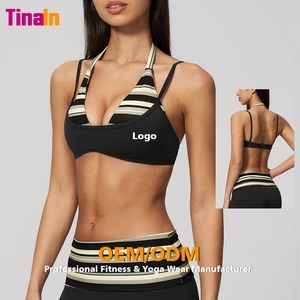 Tinain ODM Custom Private Label Y2K Retro Striped Sublimation Printing Halter Neck Yoga Pilates Daily Wear Women's Sports Bras