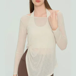 Breathable Crew Neck Yoga Cover up Top Women 100% Polyester Loose Fit Front Logo Custom Activewear Factory ODM OEM