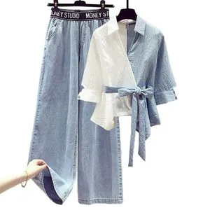Casual Fashion Suits Women Set Splicing Shirt Loose Jeans Two-piece Suit Large Size Matching Sets Pant Suits