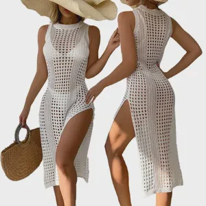 In Stock Wholesale Hollow Out Sexy Solid Color Beach Blouse Pullover Bikini Sunscreen Cover up Dress