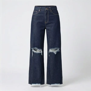 Women's High Waist Wide Leg Jeans Fashion Straight Cut Hole Denim Pants Customized Color Floor Length Casual Jeans Trousers