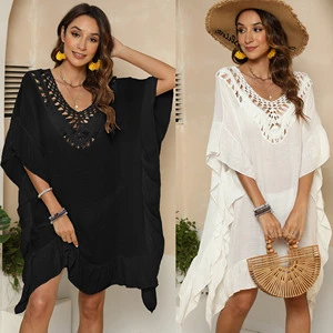 Summer Dress Cover-Ups V-NECK Crochet Beach Shirt Loose Linen Tunic Swimwear 1 Piece Beach Cover Ups for Women