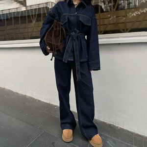 Denim Sets Stylish Clothing Women Denim Jacket Lapel Trousers Two Piece Jeans Set