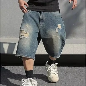 Custom Man Cotton Casual Vintage Wash Ripped Straight Leg Jorts Jean Shorts Men Distressed Blue Denim Shorts for Men