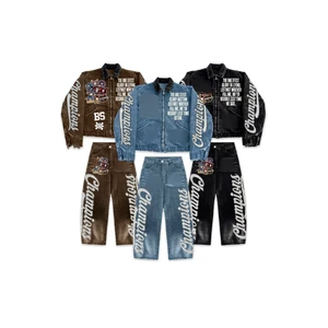 TIFORD Men's Denim Jacket Pants Set Embroidered Champions 23 Streetwear Zipper-Up Regular Fit Spring Wear