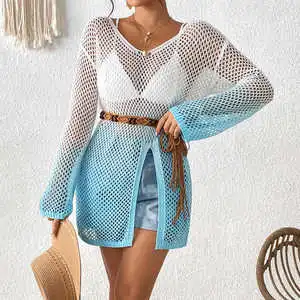 2025 New Style Hollow Out Handmade Beachwear Solid Color Boatneck Beach Cover up Dress
