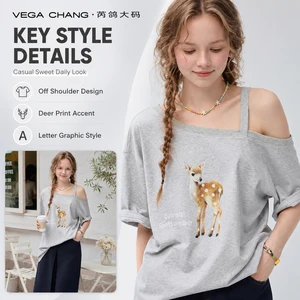 VEGA CHANG Light Gray Off Shoulder Short Sleeve T Shirt For Women With Deer Print And Letter Graphic Casual Sweet Style Top