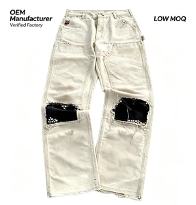 Manufacturer OEM Custom Double Knee Acid Wash Vintage Distressed Rhinestone Flared Pantalon Homme Jean Denim Pant For Men