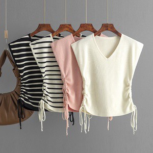 V-Neck Ladies' Summer Knitted Top Casual Short-Sleeved With Drawstring Decoration Fashion Women's Sleeveless Knit Vest