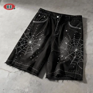 Distressed Men's Denim Shorts Black Wholesale Streetwear Rhinestone Baggy Hot Sale Custom Vintage Wash Jeans Shorts for Men