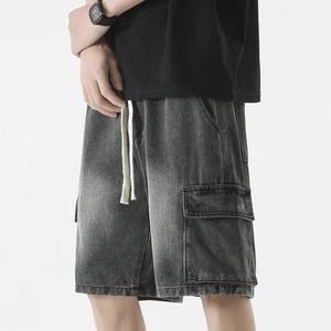 High Quality Men's Denim Shorts Straight Elastic Waist With Drawstring Plain Blank Washed Denim Shorts Men