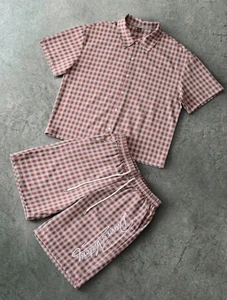 OEM 100% Polyester Shirt Color Blocking Plaid Shorts Set 2 Piece Summer Outfit OEM Your Brand Logo Print Private Label