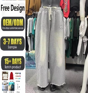 Grey Wide Leg Casual Baggy Sweatpants Drawstring Screen Printing Pants Cotton Bottom Frayed Acid Wash Pants Joggers