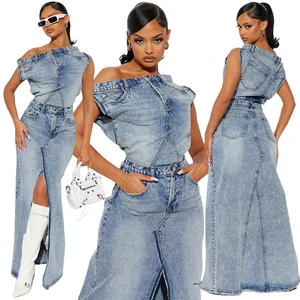 BR4883 Women's Casual Solid Color Suit Vintage Split Denim Skirt Suit Two-piece Set