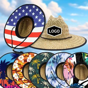 CUSTOM LOGO Natural Grass Wide Brim Mexico Flag Men Life Guard Fishing Surf Lifeguard Beach Sun Hat Sun Straw Hat