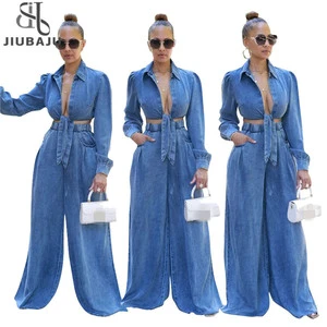 Autumn Fashion Slim Denim Long Sleeve Lapel Crop Top and Wide-Leg Pants Casual Two-Piece Set Street Wear Denim Suit