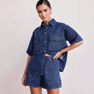 D&M Spring Summer Vintage Casual Breathable Windproof Regular Fit Loose Pocket Short Sleeve Shirt Shorts Denim Suit Women Custom