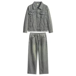 New Men's Denim Suit - Versatile Spring-autumn Jacket with Jacquard Pattern, Casual and Trendy Polo Shirt, Wide-leg Pants