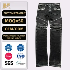 Men's Black Biker Distressed Jeans Ribbed Knee Wax Coated Denim Pants Zipper Pocket Streetwear Trousers OEM ODM Wholesale