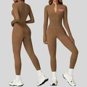 Autumn Winter Lightweight Breathable Quick-Dry Long Sleeve Zipper Tight Yoga One-Piece Sport Jumpsuit Gym Push Running Workout