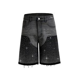 Custom Men's Rhinestone Stud 100% Cotton Denim Shorts Embroidery High Street Hip Hop Jorts Summer Sparkle Streetwear