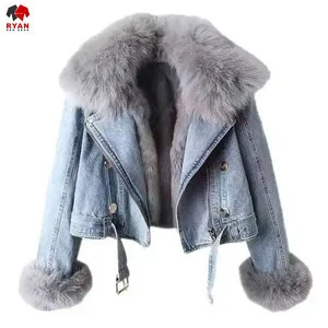 Stylish Women's Denim Jacket Solid Color Comfortable Fit Custom Branding OEM and ODM Available Denim Jacket With Fur