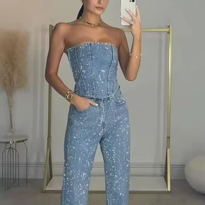 Women Denim Suit Sexy Neckline Strapless Rhinestone Crop Top Straight High Rise Wide Leg Jeans Acid Wash Denim Jeans Women's Set