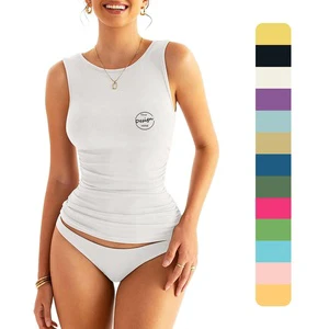High Quality Custom Women Cotton Spandex High Stretch Round Neck Knitted Vest Waist Pleated White Ribbed Tank Top