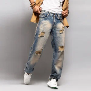 Men's High Waist Ripped Distressed Denim Jeans Straight Fit Cotton Casual Trousers Midweight Breathable With Pockets