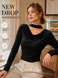 Women Draped Neck Knit Top Long Sleeve Slim Fit Sweater Soft Warm Layering Shirt Fall Winter Basic Pullover Casual Top