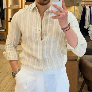 Men's Linen Cotton Shirts Summer Pullover Solid Color Casual Beach Style Plus Size Men's Striped Linen Blend Long-Sleeve Shirt