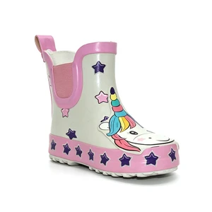 OEM ODM Girls Chelsea Rubber Ankle Rain Boots Rainbow Unicorn Head Star Trim Print Waterproof Slip On Toddler Short Wellies