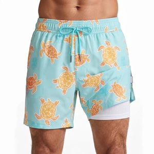 OEM ODM Custom Turtle Print Men's Quick Dry 2-in-1 Swim Trunks With Compression Liner Beach Board Shorts